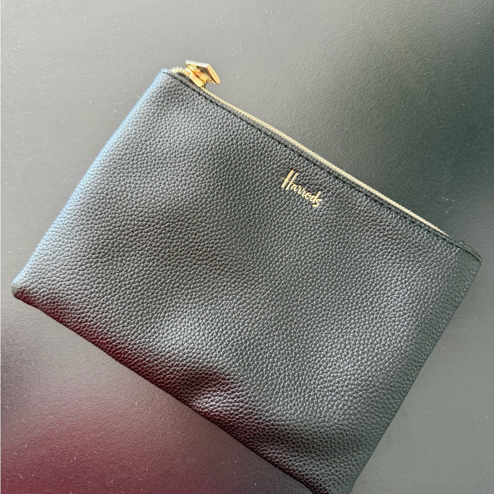 Harrods Black Leather Pouch with Gold Hardware